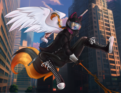 Size: 2200x1683 | Tagged: safe, alternate version, artist:serodart, oc, pegasus, anthro, anthro oc, catsuit, city, clothes, converse, femboy, helmet, jacket, latex, latex suit, male, marvel, motorcycle helmet, new york city, pegasus oc, pigtails, shoes, sneakers, solo, spider-man, stick, weapon, wings