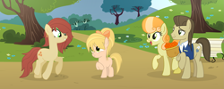 Size: 4195x1678 | Tagged: safe, artist:mcrespin88, davenport, junebug, oc, oc:cassia, oc:hazel, earth pony, pony, g4, base used, bench, family, female, filly, foal, juneport, male, mare, offspring, parent:davenport, parent:junebug, parents:juneport, shipping, straight
