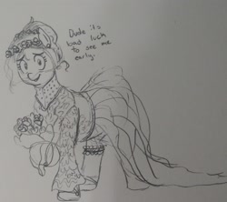 Size: 2228x1982 | Tagged: safe, artist:pony quarantine, oc, oc only, oc:anon-mare, earth pony, pony, bouquet, clothes, dialogue, dress, female, flower, grayscale, looking at you, mare, monochrome, pencil drawing, smiling, smiling at you, solo, talking to viewer, traditional art, veil, wedding dress
