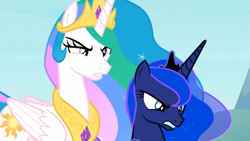 Size: 1910x1080 | Tagged: safe, screencap, princess celestia, princess luna, alicorn, pony, g4, season 9, the ending of the end, angry, celestia's crown, day, deception, duo, implied cozy glow, implied lord tirek, implied queen chrysalis, looking at someone, luna's crown, royal sisters, siblings, sisters, unamused