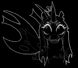 Size: 2349x2068 | Tagged: source needed, safe, artist:luna_mcboss, queen chrysalis, changeling, changeling queen, g4, black and white, black background, bust, crooked horn, crown, grayscale, high res, horn, insect wings, insectoid, jewelry, monochrome, multiple eyes, outline, regalia, sharp teeth, simple background, solo, teeth, toothy grin, white outline, wings
