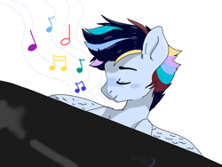 Size: 4032x3024 | Tagged: safe, artist:lilluluna, oc, oc only, oc:spectral cyclone, pegasus, pony, colt, eyes closed, foal, male, music notes, musical instrument, offspring, parent:rainbow dash, parent:soarin', parents:soarindash, piano, simple background, solo, white background