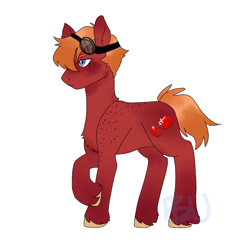 Size: 1024x1024 | Tagged: safe, artist:lilluluna, oc, oc only, oc:red stone, earth pony, pony, colt, foal, freckles, goggles, goggles on head, male, offspring, parent:big macintosh, parent:marble pie, parents:marblemac, shoulder freckles, simple background, solo, traditional art, unshorn fetlocks, white background