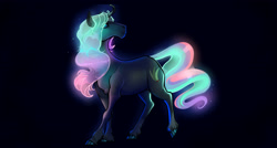 Size: 4300x2300 | Tagged: safe, artist:whitearbalest, oc, oc:murava, pony, unicorn, dark background, glowing mane, simple background, solo