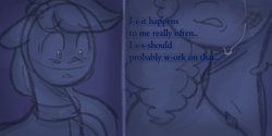 Size: 1272x634 | Tagged: safe, anonymous artist, dahlia, misty brightdawn, earth pony, pony, unicorn, series:misty pov, g5, bruised, clothes, comic, crying, dialogue, duo, ears back, eye clipping through hair, eyebrows, eyebrows visible through hair, female, flower, flower in hair, jewelry, limited palette, mare, necklace, scarf, shocked