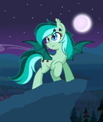 Size: 1032x1223 | Tagged: safe, artist:madlilon2051, oc, oc only, bat pony, pony, base used, bat pony oc, cliff, female, full moon, looking at something, mare, moon, night, outdoors, raised hoof, solo, spread wings, stars, wings