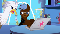 Size: 1280x720 | Tagged: safe, artist:mlp-silver-quill, oc, oc only, oc:any pony, oc:silver quill, after the fact, after the fact:sparkle's seven, book, computer, glasses, hourglass, laptop computer, silver quill is not amused, twilight's canterlot home, unamused, window