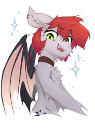 Size: 2048x2732 | Tagged: safe, artist:blue ink, oc, oc only, oc:swaybat, bat pony, chest fluff, choker, ear piercing, fangs, female, high res, piercing, simple background, solo, sparkles, white background