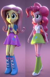 Size: 658x1024 | Tagged: safe, artist:3d thread, artist:creatorofpony, fluttershy, pinkie pie, human, equestria girls, g4, 3d, 3d model, andrea libman, bare shoulders, boots, clothes, clothes swap, cutie mark swap, duo, duo female, eyebrows, female, high heel boots, jacket, open mouth, open smile, polka dot socks, shirt, shoes, skirt, sleeveless, smiling, socks, socks swap, swapped cutie marks, tank top, teenager, vest, voice actor joke