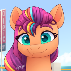 Size: 2200x2200 | Tagged: safe, artist:rivin177, sunny starscout, earth pony, pony, g5, my little pony: make your mark, bust, cute, ears, ears up, female, high res, looking at you, mane stripe sunny, mare, maretime bay, ocean, portrait, smiling, solo, sunnybetes, water, wide eyes
