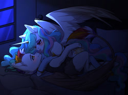 Size: 1614x1200 | Tagged: artist needed, source needed, safe, princess celestia, oc, oc:myrilith, alicorn, draconequus, pony, g4, bed, canon x oc, celith, clothes, duo, jewelry, loincloth, night, regalia, tribal, underwear, window