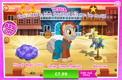 Size: 1953x1292 | Tagged: safe, gameloft, idw, tin-pan tanner, earth pony, pony, g4, my little pony: magic princess, advertisement, beard, clothes, costs real money, english, facial hair, hat, idw showified, introduction card, magic coins, male, mobile game, numbers, overalls, sale, scarecrow, solo, stallion, text