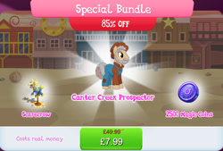Size: 1268x858 | Tagged: safe, gameloft, idw, tin-pan tanner, earth pony, pony, g4, my little pony: magic princess, beard, bundle, clothes, costs real money, english, facial hair, hat, idw showified, magic coins, male, mobile game, numbers, overalls, sale, scarecrow, solo, stallion, text