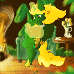 Size: 1500x1500 | Tagged: safe, artist:euspuche, oc, oc only, oc:prince ecosis, alicorn, pony, absurd file size, absurd gif size, alicorn oc, animated, chair, cottagecore, crossed legs, cup, drinking, fire, fireplace, flower, flowing mane, flowing tail, food, gif, horn, jewelry, magic, plants, reading, regalia, royalty, sipping, sitting, solo, tail, tea, teacup, wings
