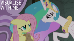 Size: 1920x1080 | Tagged: safe, edit, edited screencap, editor:quoterific, screencap, fluttershy, princess celestia, alicorn, pegasus, pony, g4, horse play, bag, crown, duo, duo female, ethereal mane, female, frown, jewelry, looking at each other, looking at someone, mare, nervous, paper bag, peytral, reassurance, regalia, smiling, sparkles, worried