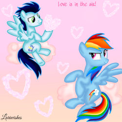 Size: 1400x1400 | Tagged: safe, artist:mlplary6, rainbow dash, soarin', pegasus, pony, g4, boyfriend and girlfriend, cloud, duo, female, heart, looking at each other, looking at someone, male, mare, ship:soarindash, shipping, sitting, smiling, smiling at each other, stallion, straight, text