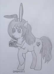 Size: 2592x3540 | Tagged: safe, artist:dimdariusz, earth pony, pony, bunny ears, camera, female, grayscale, high res, mare, monochrome, pencil drawing, photo, ponified, rwby, signature, simple background, solo, traditional art, velvet scarlatina