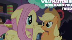Size: 2000x1125 | Tagged: safe, edit, edited screencap, editor:quoterific, screencap, applejack, fluttershy, earth pony, pegasus, pony, g4, party pooped, applejack's hat, cowboy hat, female, hat, mare