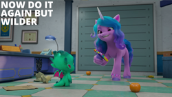 Size: 2000x1125 | Tagged: safe, edit, edited screencap, editor:quoterific, screencap, izzy moonbow, sparky sparkeroni, dragon, pony, unicorn, g5, growing pains, my little pony: make your mark, my little pony: make your mark chapter 2, spoiler:my little pony: make your mark, spoiler:my little pony: make your mark chapter 2, spoiler:mymc02e02, baby, baby dragon, banana, bracelet, cellphone, certificate, chair, desk, desk lamp, dialogue, duo, female, food, friendship bracelet, jewelry, male, mare, marker, office chair, open mouth, open smile, phone, pizza box, plaque, smartphone, smiling, tomato, unshorn fetlocks
