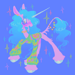 Size: 1850x1848 | Tagged: safe, artist:peaceandlove26, izzy moonbow, pony, unicorn, g5, blue background, chin fluff, clothes, ear piercing, earring, horn, jewelry, leonine tail, lineless, long horn, necklace, piercing, simple background, solo, sparkles, stylized, sweater, tail, tail jewelry, unshorn fetlocks