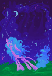 Size: 1400x2048 | Tagged: safe, artist:peaceandlove26, izzy moonbow, princess luna, alicorn, pony, unicorn, g5, crying, duo, ethereal mane, female, horn, izzy diana moonbow, lanky, long horn, mare, moon, night, skinny, starry mane, stars, stylized, tall, thin