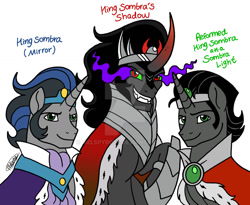 Size: 1280x1048 | Tagged: safe, artist:melspyrose, idw, king sombra, pony, unicorn, g4, reflections, siege of the crystal empire, spoiler:comic, alternate universe, armor, brooch, cape, clothes, cravat, crown, good king sombra, jewelry, male, multiverse, necklace, necktie, peytral, reformed sombra, regalia, simple background, stallion, trio, white background