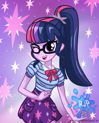 Size: 1080x1335 | Tagged: safe, alternate version, artist:rjp.rammy, sci-twi, twilight sparkle, human, equestria girls, g4, my little pony equestria girls: better together, bowtie, breasts, cute, cutie mark, female, glasses, looking at you, one eye closed, open mouth, open smile, ponytail, sci-twiabetes, signature, smiling, smiling at you, solo, twiabetes, wink, winking at you
