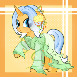 Size: 2048x2048 | Tagged: safe, artist:miwq, derpibooru exclusive, oc, oc only, oc:aurore soleilevant, pony, unicorn, clothes, hanfu, high res, looking at you, orange coat, robe, smiling, solo