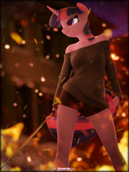 Size: 2880x3840 | Tagged: safe, artist:steamyart, twilight sparkle, unicorn, anthro, g4, 3d, blender, clothes, female, fire, high res, lidded eyes, shorts, shoulderless, solo, sword, unicorn twilight, weapon