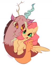Size: 1359x1707 | Tagged: safe, artist:_seagiri, artist:seagirl, discord, fluttershy, draconequus, pegasus, pony, g4, alternate eye color, duo, duo male and female, female, green eyes, horn, looking at each other, looking at someone, male, mare, open mouth, open smile, ship:discoshy, shipping, signature, simple background, smiling, smiling at each other, straight, white background