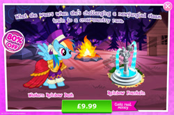Size: 1961x1300 | Tagged: safe, gameloft, rainbow dash, pegasus, pony, g4, my little pony: magic princess, advertisement, bush, clothes, costs real money, dress, english, female, fountain, hat, introduction card, mare, mobile game, numbers, sale, solo, spread wings, text, wings