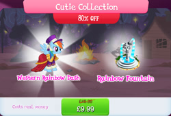 Size: 1267x856 | Tagged: safe, gameloft, rainbow dash, pegasus, pony, g4, my little pony: magic princess, bundle, bush, clothes, costs real money, cutie collection, dress, english, female, fountain, hat, mare, mobile game, numbers, sale, solo, spread wings, text, wings