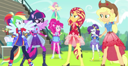 Size: 1147x596 | Tagged: safe, screencap, applejack, fluttershy, pinkie pie, rainbow dash, rarity, sci-twi, sunset shimmer, twilight sparkle, human, cheer you on, equestria girls, g4, my little pony equestria girls: better together, belt, boots, clothes, gloves, handless gloves, humane five, humane seven, humane six, jewelry, knee-high boots, leggings, ponied up, pony ears, shoes, skirt, sleeveless, super ponied up, tiara