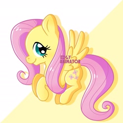 Size: 2700x2700 | Tagged: safe, artist:edgyanimator, derpibooru exclusive, part of a set, fluttershy, pegasus, pony, g4, cel shading, chibi, closed mouth, colored, colored lineart, cute, digital art, drop shadow, eyelashes, female, firealpaca, full body, high res, long hair, long mane, long tail, looking sideways, looking to the right, mare, pink hair, pink mane, pink tail, profile, quadrupedal, raised hooves, shading, signature, simple background, simple shading, smiling, solo, spread wings, tail, turquoise eyes, wings, yellow background, yellow coat, yellow fur, yellow wings
