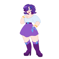 Size: 3300x3300 | Tagged: safe, artist:starsbursts, rarity, human, equestria girls, g4, alternate hairstyle, bedroom eyes, belt, boots, bracelet, clothes, cute, eyeshadow, female, grin, hair over one eye, high heel boots, high res, humanized, jewelry, lipstick, makeup, raribetes, shirt, shoes, simple background, skirt, smiling, solo, thick, white background