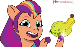 Size: 3999x2529 | Tagged: safe, artist:frownfactory, sunny starscout, earth pony, pony, g5, my little pony: tell your tale, sunny's smoothie moves, spoiler:g5, spoiler:my little pony: tell your tale, spoiler:tyts01e47, female, fruit, high res, mane stripe sunny, mare, pearnana, simple background, solo, transparent background, vector