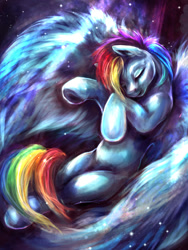 Size: 900x1200 | Tagged: safe, artist:kreativpony, rainbow dash, pegasus, pony, g4, cuddly, sleeping, wings