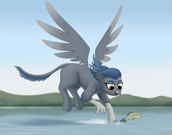 Size: 3931x3103 | Tagged: safe, artist:waffletheheadmare, oc, oc only, fish, griffon, female, flying, griffon oc, high res, hill, lake, mountain, sky, smiling, solo, water, wings