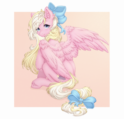 Size: 2700x2600 | Tagged: safe, artist:sugarrr, oc, oc only, oc:bay breeze, pegasus, pony, bow, cute, female, fluffy, hair bow, heart, heart eyes, high res, looking at you, looking back, looking back at you, mare, passepartout, pegasus oc, raised hoof, sitting, solo, spread wings, tail, tail bow, wingding eyes, wings