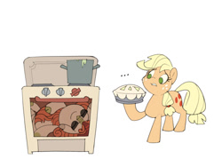 Size: 800x600 | Tagged: safe, artist:gor1ck, applejack, autumn blaze, earth pony, kirin, pony, g4, cloven hooves, duo, food, hoof hold, oven, pie, simple background, this will end in tears and/or breakfast, white background