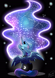 Size: 1920x2716 | Tagged: safe, artist:julunis14, princess luna, alicorn, pony, g4, black background, constellation, constellation hair, cute, dim light, ethereal mane, eyes closed, eyeshadow, flowing mane, galaxy mane, glowing cutie mark, glowing mane, jewelry, looking away, lunabetes, makeup, moonbutt, partially open wings, peytral, regalia, simple background, sitting, solo, starry mane, stars, wings