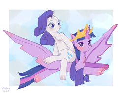 Size: 1080x810 | Tagged: safe, artist:ecor土土, rarity, twilight sparkle, alicorn, pony, unicorn, g4, chest fluff, crown, duo, duo female, female, flying, jewelry, lesbian, looking at each other, looking at someone, regalia, ship:rarilight, shipping, simple background, smiling, smiling at each other, spread wings, twilight sparkle (alicorn), wings