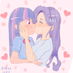 Size: 1080x1080 | Tagged: safe, artist:ecor土土, rarity, twilight sparkle, human, equestria girls, g4, blushing, clothes, duo, duo female, eyes closed, female, kiss on the lips, kissing, lesbian, light skin, pale skin, ship:rarilight, shipping, simple background
