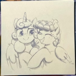 Size: 2048x2046 | Tagged: safe, artist:selenophile, cozy glow, princess flurry heart, alicorn, pegasus, pony, g4, cozylove, cute, explicit source, high res, older, older cozy glow, older flurry heart, pencil drawing, sketch, traditional art, what if