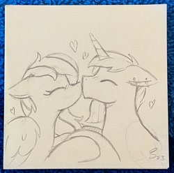 Size: 2048x2030 | Tagged: safe, artist:selenophile, oc, oc only, oc:feather river, oc:flashnote, pegasus, pony, unicorn, ear piercing, high res, holding hooves, kissing, piercing, sketch, traditional art