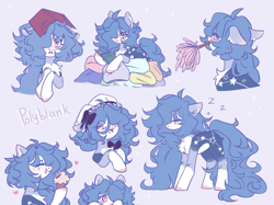 Size: 1500x1121 | Tagged: safe, artist:polyblank, oc, oc only, earth pony, pony, blue background, book, bow, chest fluff, cupcake, cute, duster, ear fluff, eating, female, food, hair bow, looking at you, lying down, mare, pillow, reading, shy, simple background, sleeping, sleepy, smiling, smiling at you, solo