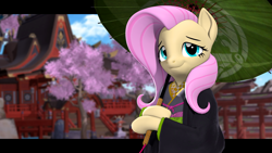 Size: 3840x2160 | Tagged: safe, artist:owlpirate, fluttershy, pegasus, semi-anthro, g4, 3d, 4k, arm hooves, clothes, female, genshin impact, high res, hoof hold, kimono (clothing), mare, smiling, solo, source filmmaker, umbrella