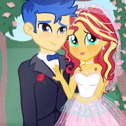 Size: 1280x1280 | Tagged: safe, artist:gisbelleart, flash sentry, sunset shimmer, human, equestria girls, g4, clothes, dress, duo, female, male, marriage, ship:flashimmer, shipping, straight, tuxedo, wedding, wedding dress