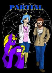 Size: 800x1120 | Tagged: safe, artist:lullabyjak, oc, human, pony, unicorn, anthro, anthro with ponies, black background, braid, braided tail, clothes, constellation, cover art, simple background, star chart, tail