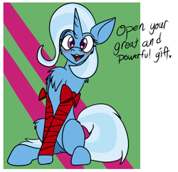 Size: 2222x2148 | Tagged: source needed, safe, artist:saolshu, trixie, pony, unicorn, g4, blushing, bronybait, female, gift wrapped, great and powerful, high res, looking at you, mare, open mouth, open smile, present, ribbon, sitting, smiling, solo